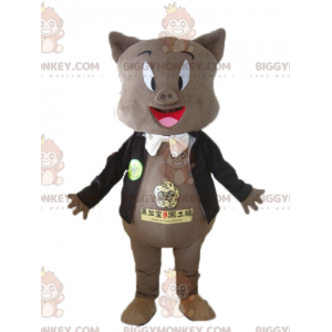 BIGGYMONKEY™-mascottekostuum van grijs varken in zwarte jas en