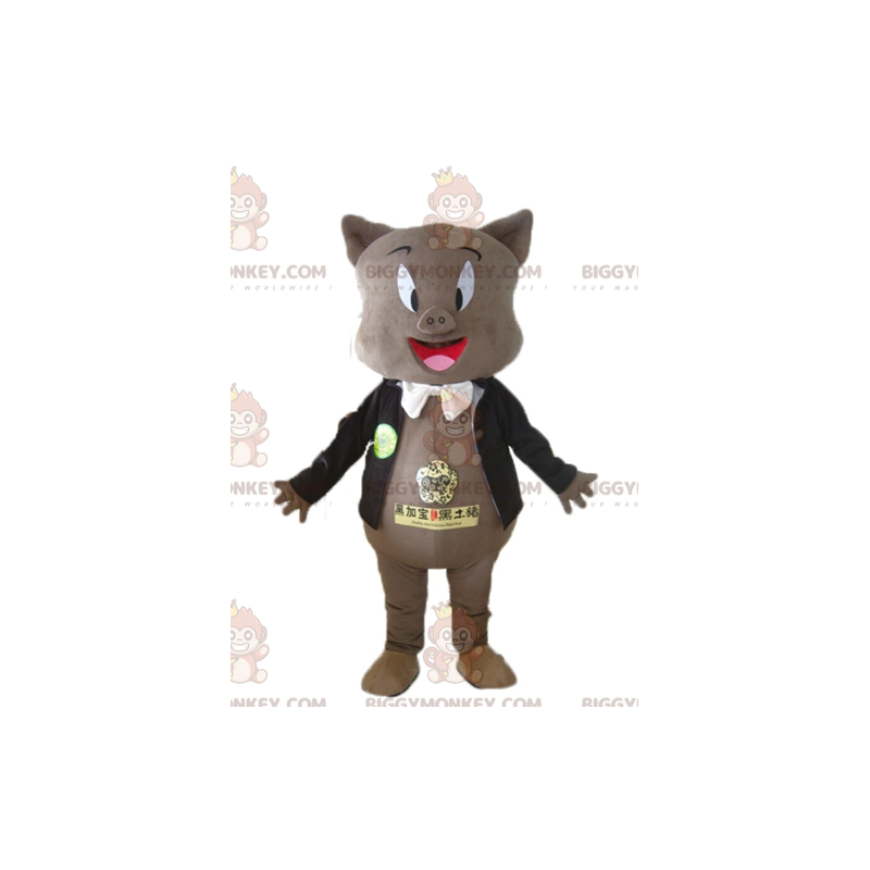 BIGGYMONKEY™ Mascot Costume of Gray Pig in Black Jacket and Bow