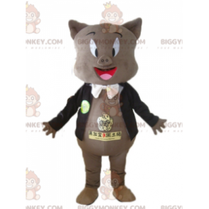 BIGGYMONKEY™ Mascot Costume of Gray Pig in Black Jacket and Bow