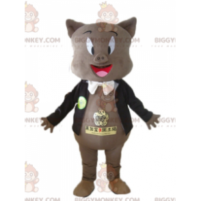 BIGGYMONKEY™-mascottekostuum van grijs varken in zwarte jas en