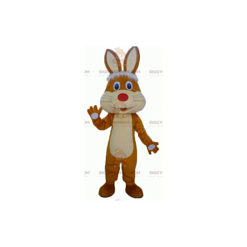 Roztomilý a veselý kostým maskota hnědého a béžového králíka