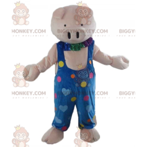 BIGGYMONKEY™ Mascot Costume Pink Pig In Blue Overalls With