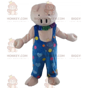 Kostým maskota BIGGYMONKEY™ růžové prase v modré kombinéze s