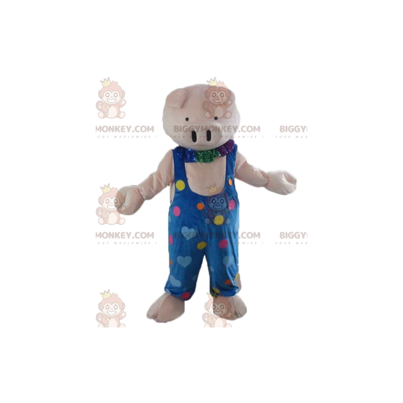 BIGGYMONKEY™ Mascot Costume Pink Pig In Blue Overalls With