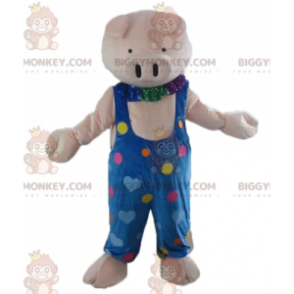 BIGGYMONKEY™ Maskotdräkt Rosa gris i blå overall med färgglada