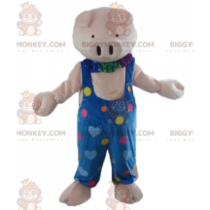 Disfraz de mascota BIGGYMONKEY™ Cerdo rosa con overol azul con