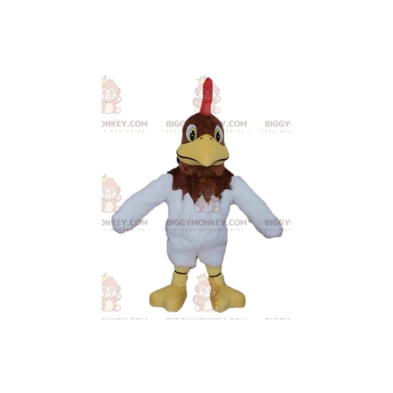 Costume da mascotte da gallo marrone e bianco con stemma rosso