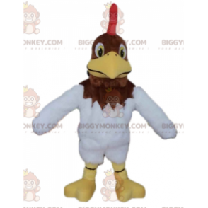 Costume da mascotte da gallo marrone e bianco con stemma rosso