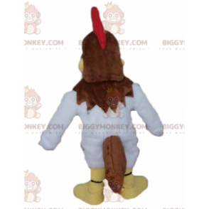 Costume da mascotte da gallo marrone e bianco con stemma rosso