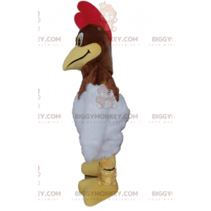 Disfraz de mascota Gallo marrón y blanco con cresta roja