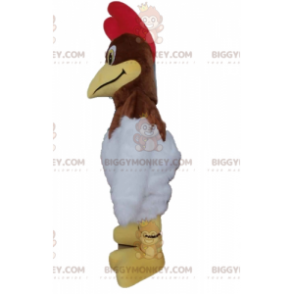 Brun og hvid hane med rød crest BIGGYMONKEY™ maskotkostume -