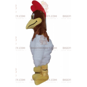 Costume da mascotte da gallo marrone e bianco con stemma rosso