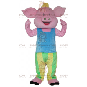 Roze varken BIGGYMONKEY™-mascottekostuum in blauwgroene en gele