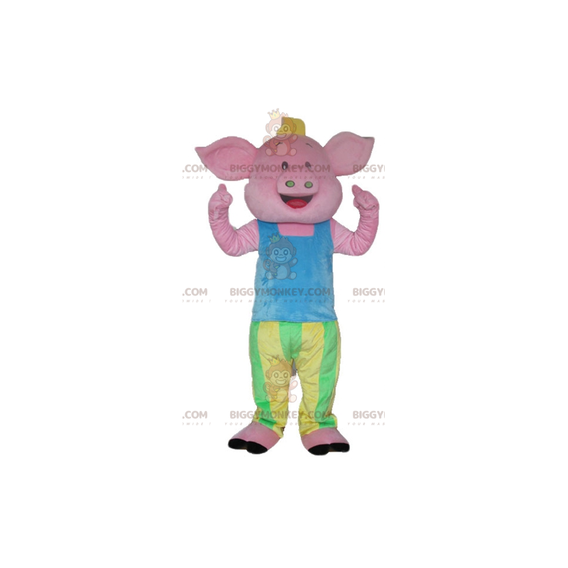 Costume da mascotte Pink Pig BIGGYMONKEY™ in abito blu, verde e