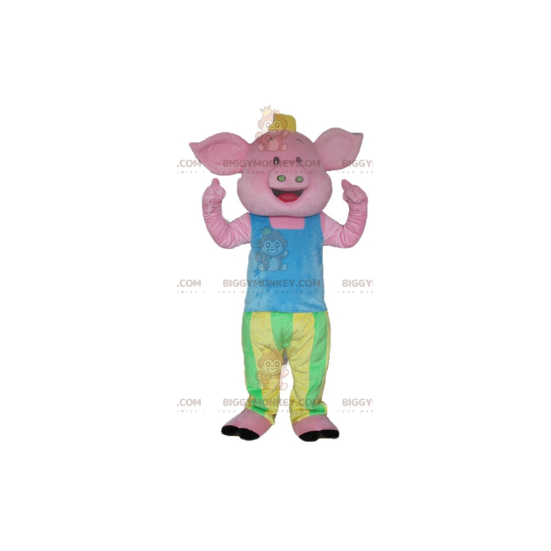 Roze varken BIGGYMONKEY™-mascottekostuum in blauwgroene en gele
