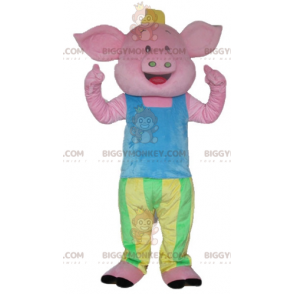 Costume de mascotte BIGGYMONKEY™ de cochon rose en tenue bleue