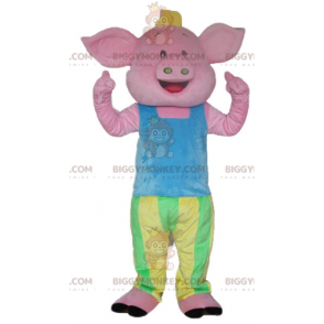 Fantasia de mascote Pink Pig BIGGYMONKEY™ com roupa azul verde