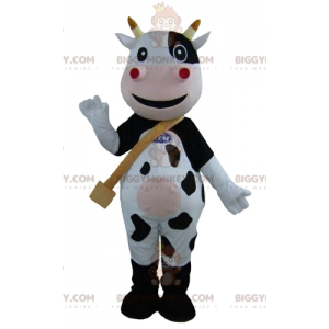 Kostým maskota velmi usměvavé černé bílé a růžové krávy