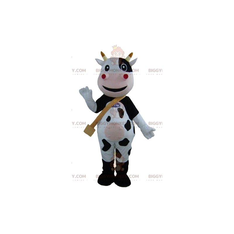 Fantasia de mascote BIGGYMONKEY™ de vaca preta, branca e rosa