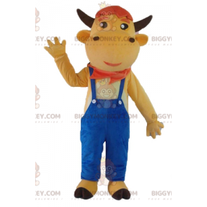 BIGGYMONKEY™ Braune Kuh im blauen Overall Maskottchenkostüm -