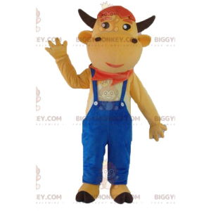 BIGGYMONKEY™ Brown Cow In Blue Overalls Mascot Costume –