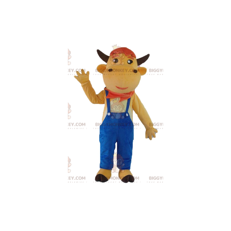 BIGGYMONKEY™ bruine koe in blauwe overall mascottekostuum -