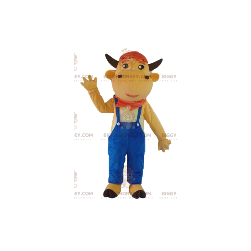 BIGGYMONKEY™ Costume da mascotte da mucca marrone con tuta blu