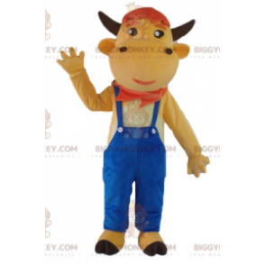 BIGGYMONKEY™ Braune Kuh im blauen Overall Maskottchenkostüm -