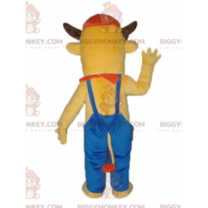 BIGGYMONKEY™ Braune Kuh im blauen Overall Maskottchenkostüm -