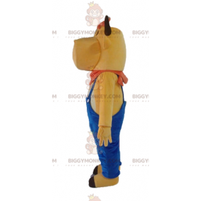 BIGGYMONKEY™ Brown Cow In Blue Overalls Mascot Costume –