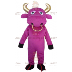 BIGGYMONKEY™ mascottekostuum roze koe met gouden hoorns en ring