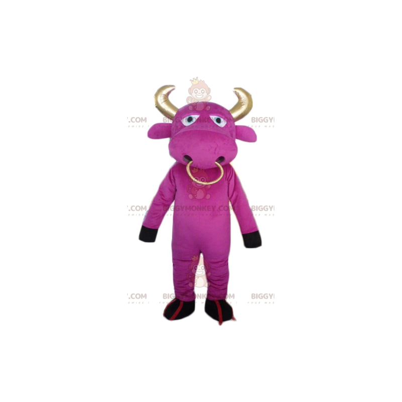 BIGGYMONKEY™ Mascot Costume Pink Cow with Gold Horns and Ring -