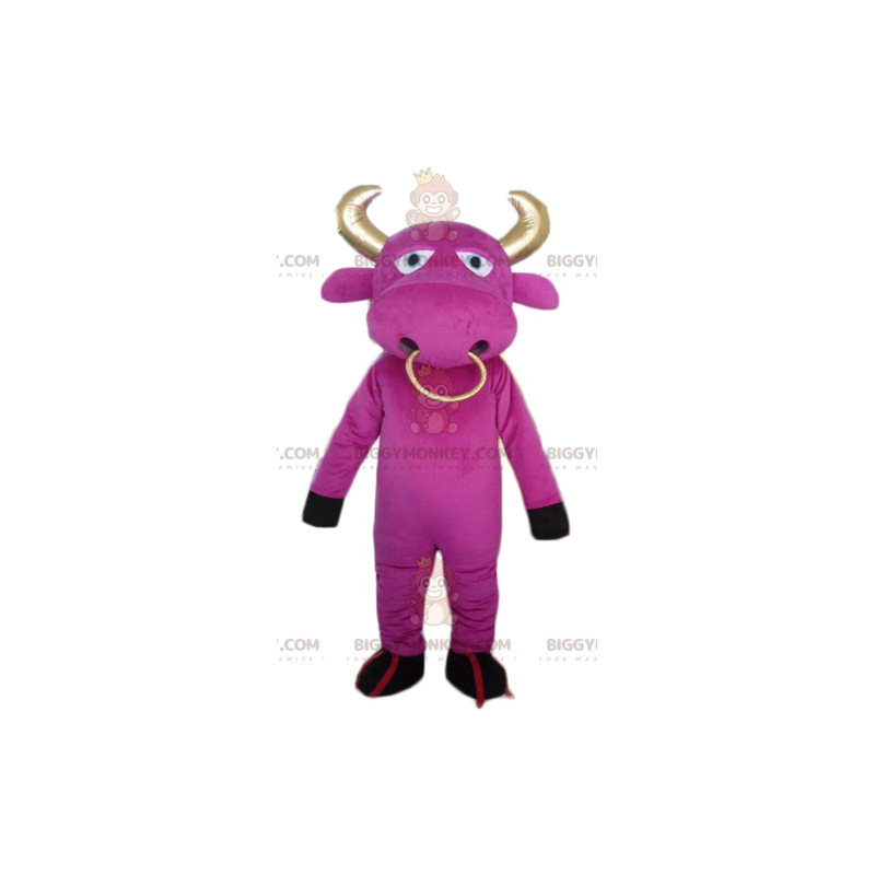 BIGGYMONKEY™ Mascot Costume Pink Cow with Gold Horns and Ring –