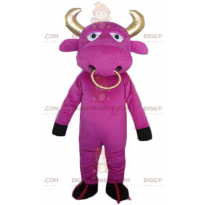 BIGGYMONKEY™ Mascot Costume Pink Cow with Gold Horns and Ring –