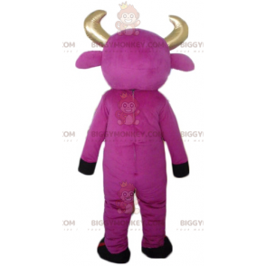 BIGGYMONKEY™ Maskottchenkostüm Rosa Kuh mit goldenen Hörnern