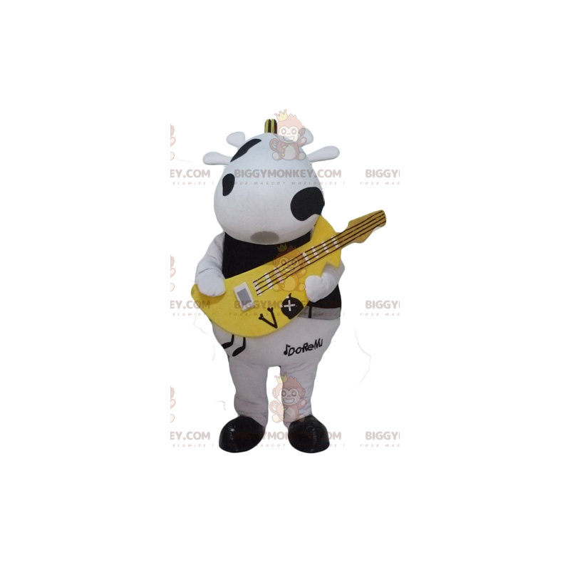 BIGGYMONKEY™ maskottiasu, mustavalkoinen lehmä ja keltainen