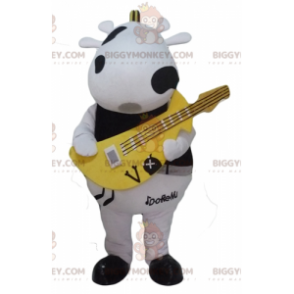 Traje de mascote BIGGYMONKEY™ Vaca preta e branca com guitarra