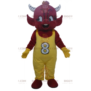 BIGGYMONKEY™ Mascot Costume Red Imp Devil in Yellow Overalls –