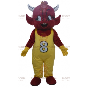 BIGGYMONKEY™ Mascot Costume Red Imp Devil in Yellow Overalls –