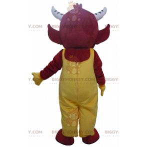 BIGGYMONKEY™ Mascot Costume Red Imp Devil in Yellow Overalls -