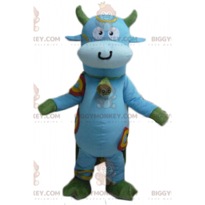 Traje de mascote de vaca azul e verde BIGGYMONKEY™ com sino no
