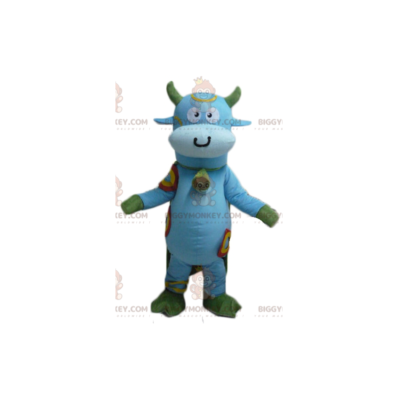 Sininen ja vihreä lehmän BIGGYMONKEY™ maskottiasu, jossa kello