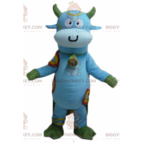 Traje de mascote de vaca azul e verde BIGGYMONKEY™ com sino no