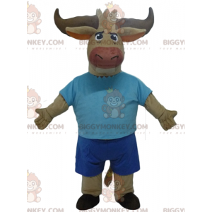 Traje de mascote de búfalo marrom BIGGYMONKEY™ vestido de azul