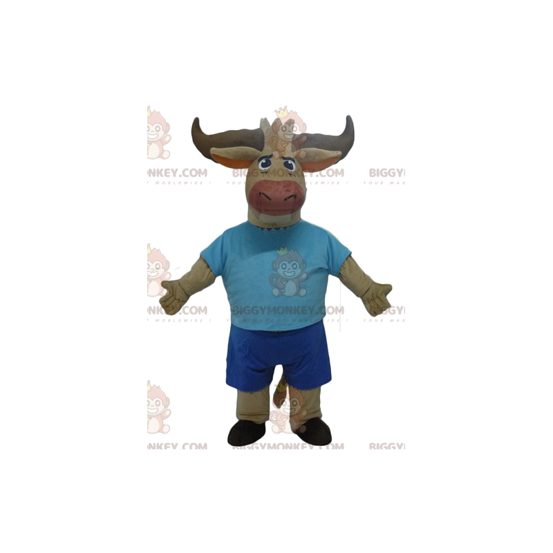 BIGGYMONKEY™ Brown Bull Buffalo Mascot-kostume klædt i blåt -