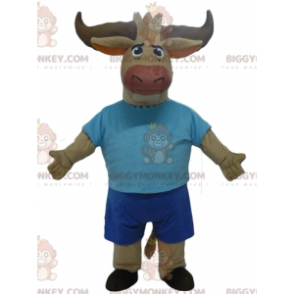 BIGGYMONKEY™ Brown Bull Buffalo Mascot Costume Dressed In Blue