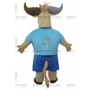 BIGGYMONKEY™ Brown Bull Buffalo Mascot Costume Dressed In Blue