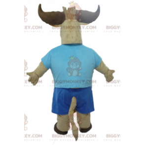 Traje de mascote de búfalo marrom BIGGYMONKEY™ vestido de azul