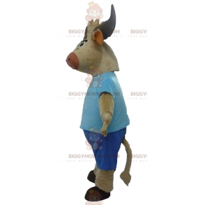 BIGGYMONKEY™ Brown Bull Buffalo Mascot Costume Dressed In Blue