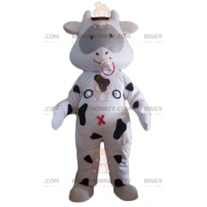 Kostým maskota bílé a černé krávy BIGGYMONKEY™ s dudlíkem –